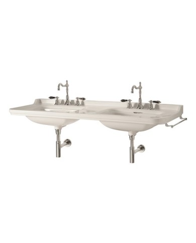 Lavabo 150 x 55 doppia vasca sospeso monoforo (Tre fori su richiesta) completo di ghiera - Serie Waldorf