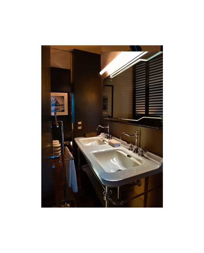 Lavabo 150 x 55 doppia vasca sospeso monoforo (Tre fori su richiesta) completo di ghiera - Serie Waldorf